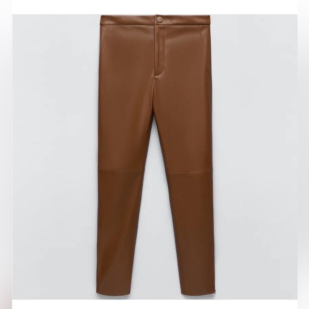 Zara Brown Faux Leather Hi Rise Legging Pants SIZE M